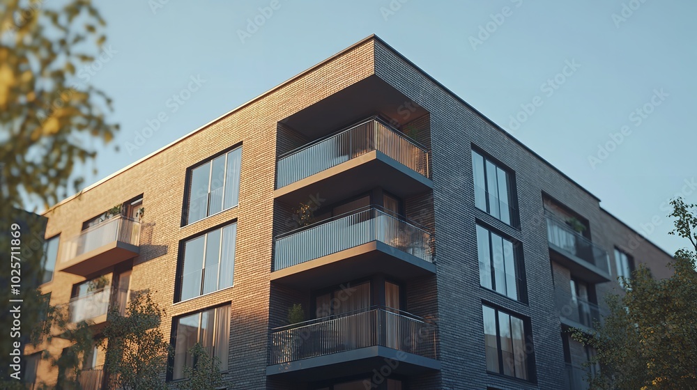 An architectural shot of a modern building with a brick exterior, featuring clean lines and sleek design elements. An architectural shot of a modern building with a brick exterior, featuring clean lines and sleek design elements.