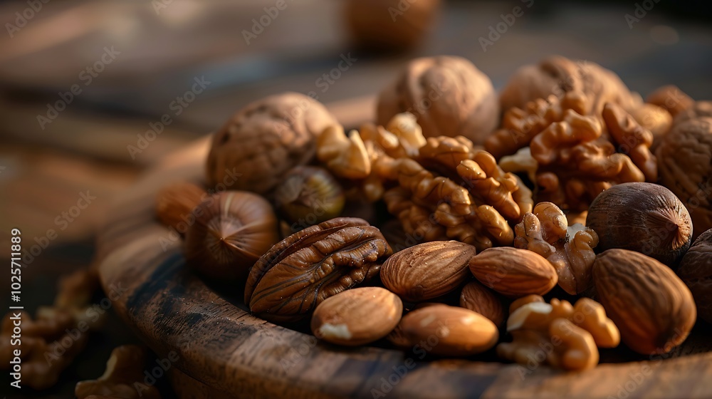 Naklejka premium display of nuts on wooden plate