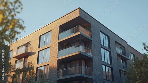 An architectural shot of a modern building with a brick exterior, featuring clean lines and sleek design elements.