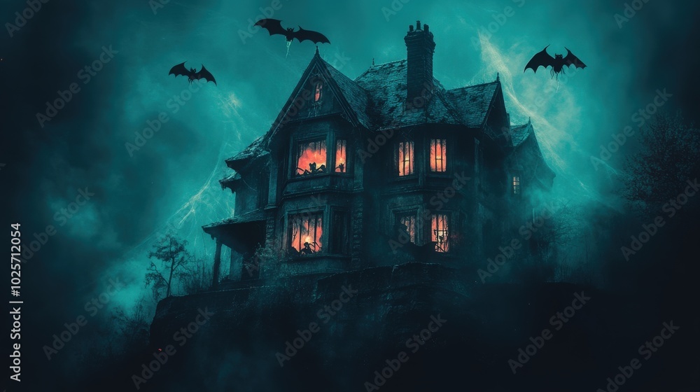 A haunted house on a hill, with glowing bats flying overhead and giant spiders spinning glowing webs in the windows A haunted house on a hill, with glowing bats flying overhead and giant spiders spinning glowing webs in the windows