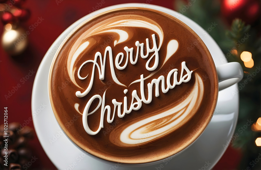 Merry Christmas coffee late art, barista macchiato, hot beverage drink, festive background, template