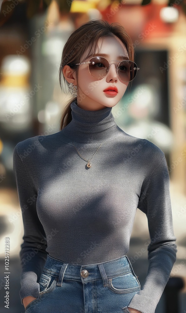 Young woman wearing sunglasses and a turtleneck. Young woman wearing sunglasses and a turtleneck.