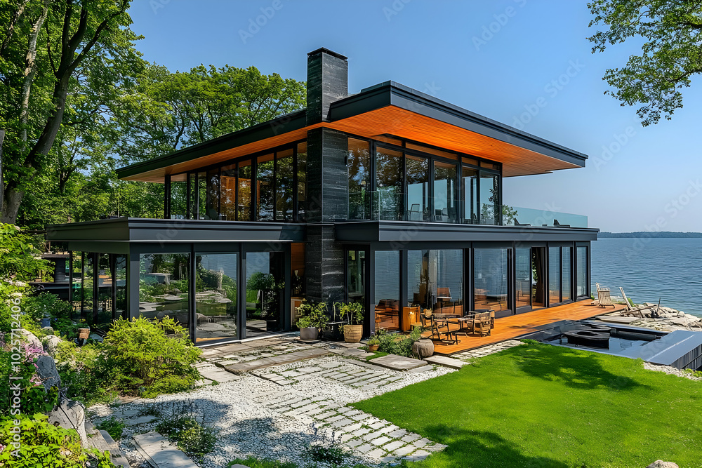 Modern Lake House with Large Windows and Scenic Views Modern Lake House with Large Windows and Scenic Views