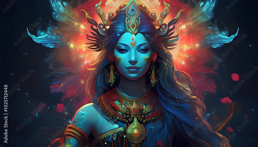 An enchanting portrait of a mystical goddess, radiating vibrant colors and intricate details, symbolizing beauty and spirituality. An enchanting portrait of a mystical goddess, radiating vibrant colors and intricate details, symbolizing beauty and spirituality.