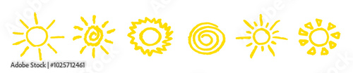 Set of fun like kid drawing yellow sun. Collection painted with pastel crayons or wax pencil sunny icons. Summer sky symbols. Rough chalk texture vector illustration in children style. Design elements