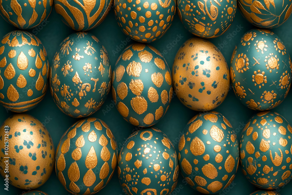 Intricately Designed Easter Eggs in Gold and Teal on a Green Background for Spring Festivities Intricately Designed Easter Eggs in Gold and Teal on a Green Background for Spring Festivities