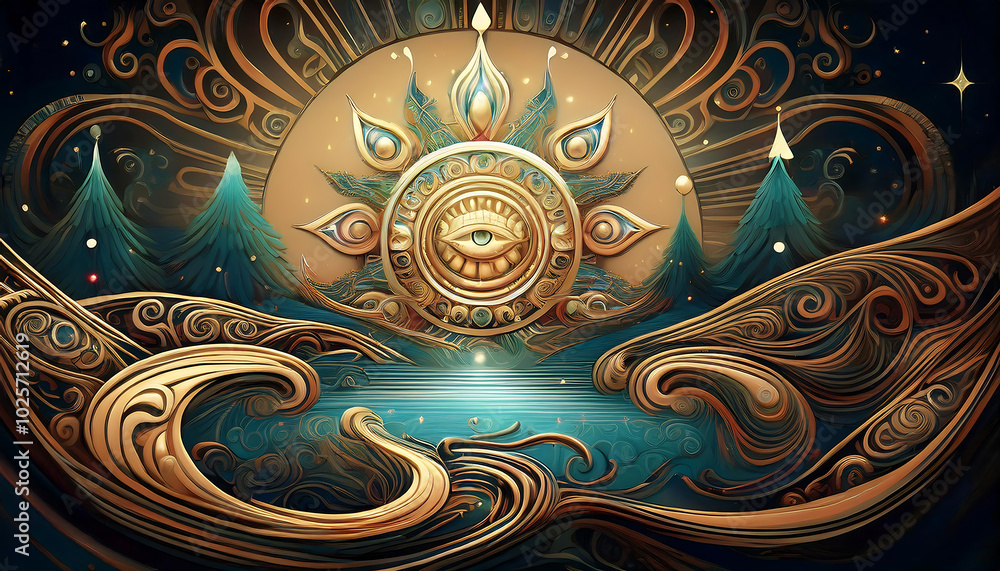 An intricate illustration featuring an eye motif, waves, and mountains, radiating a mystical and harmonious ambiance. An intricate illustration featuring an eye motif, waves, and mountains, radiating a mystical and harmonious ambiance.