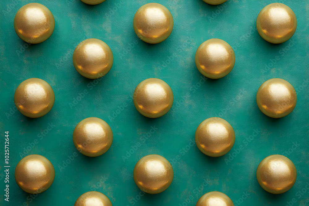Golden Spheres Arranged in a Geometric Pattern on Teal Backdrop Golden Spheres Arranged in a Geometric Pattern on Teal Backdrop