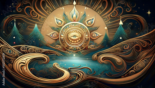 An intricate illustration featuring an eye motif, waves, and mountains, radiating a mystical and harmonious ambiance.