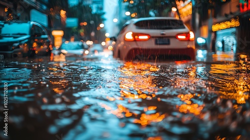 9 City streets flooded by La Nina s rains, cars halfsubmerged in muddy water, lowangle view from street level, dark skies, muted colors, deep shadows, chaotic scene photo