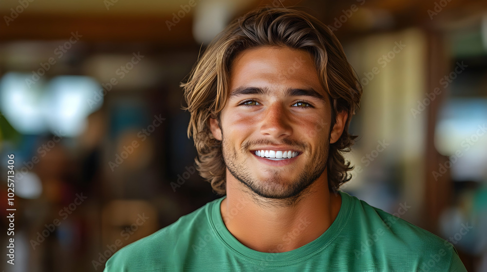 Portrait of Young Man with Long Hair Smiling in Cafe, Casual Setting, Summer Vibes Portrait of Young Man with Long Hair Smiling in Cafe, Casual Setting, Summer Vibes