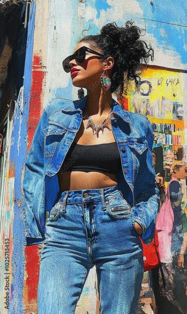 Naklejka premium Woman in denim jacket and jeans with colorful background.