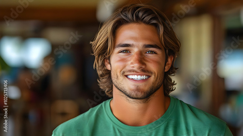 Portrait of Young Man with Long Hair Smiling in Cafe, Casual Setting, Summer Vibes