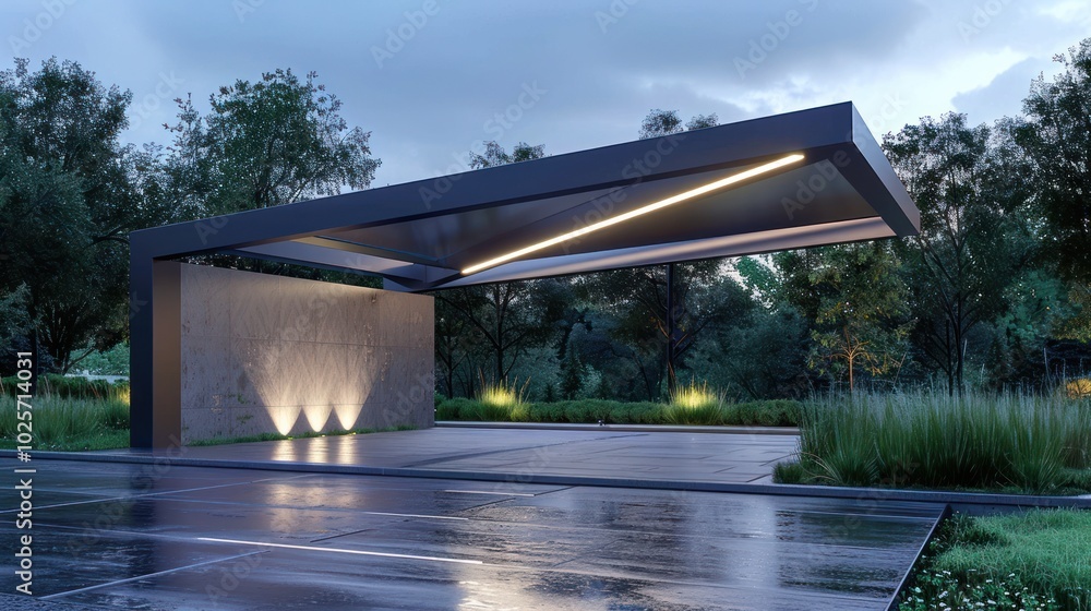 Modern Architectural Canopy Over a Stone Patio with Lighting Modern Architectural Canopy Over a Stone Patio with Lighting