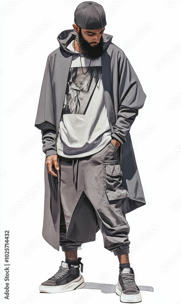 Man in grey hooded jacket and black cap. Man in grey hooded jacket and black cap.