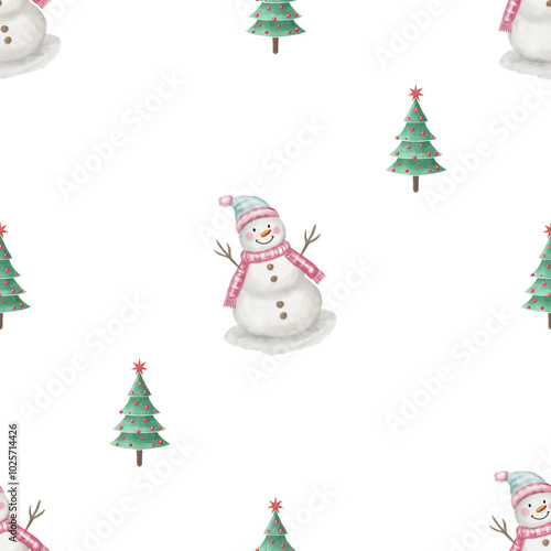 Seamless Christmas Pattern – Cute Snowman, Christmas tree and Winter Elements for Holiday Wrapping Paper, Fabric, or Seasonal Crafts