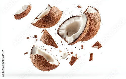 juicy cocnuts flying through the air against a pure white background. photo