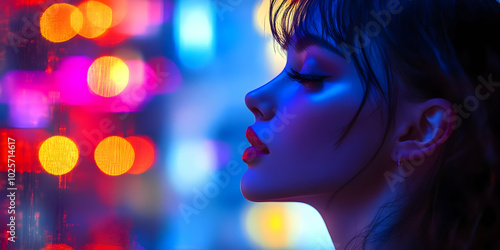 Woman with Blue and Red Lighting Poses with Dreamy City Lights Background