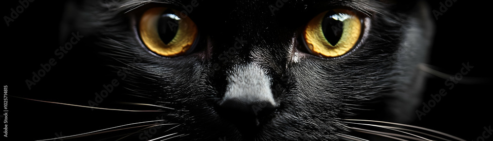 Intense Gaze of a Black Cat with Piercing Eyes in the Dark Intense Gaze of a Black Cat with Piercing Eyes in the Dark