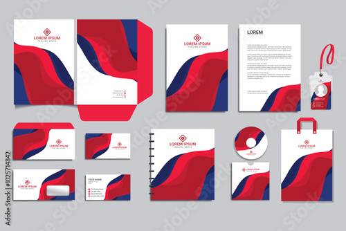 Wallpaper Mural Brand Identity Stationery Mock-Up set with red and black abstract design concept. Branding stationery mockup template of vertical banner, flyer, promotional car, A4 brochure, etc. Editable vector Torontodigital.ca