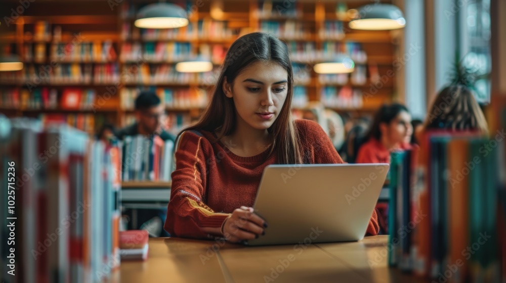 Focused young woman using laptop in cozy library filled with books and students working around her. Focused young woman using laptop in cozy library filled with books and students working around her.