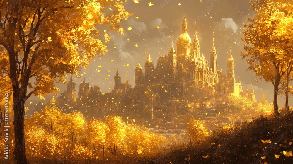 A majestic fairytale city with golden palaces and trees covered in golden leaves, glowing in a magical, ethereal light A majestic fairytale city with golden palaces and trees covered in golden leaves, glowing in a magical, ethereal light