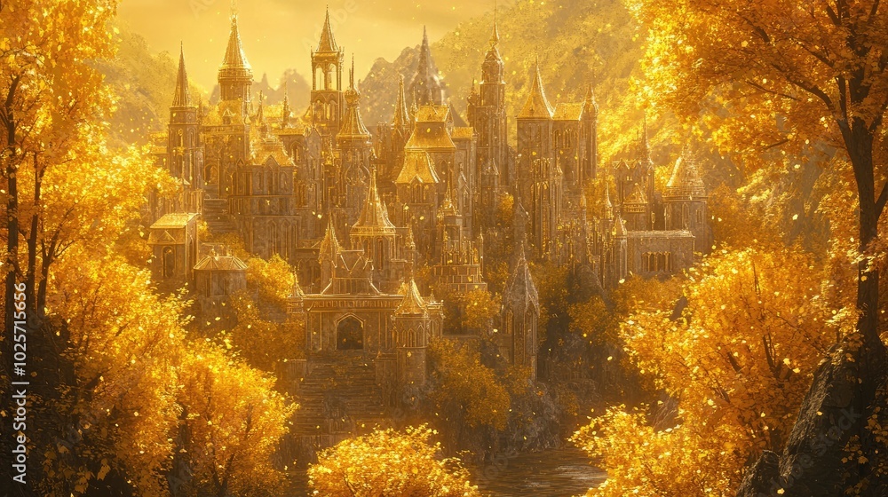 Obraz premium A vibrant fairytale city where golden buildings sparkle under the sun, surrounded by trees with shimmering golden leaves in a magical setting