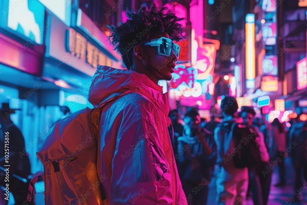 A futuristic neon-lit cityscape with characters wearing cyberpunk-inspired clothing, blending street style with advanced wearable tech
A futuristic neon-lit cityscape with characters wearing cyberpunk-inspired clothing, blending street style with advanced wearable tech