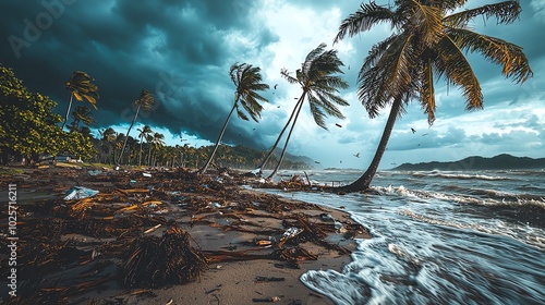 49 Hurricane winds tearing through a tropical coastline, palm trees bent, debris flying, wideangle shot from the shore, dark storm clouds, deep shadows, chaotic scene