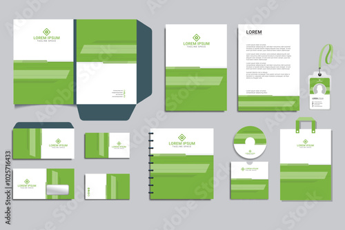 Brand Identity concept of stationery Mock-Up set with green and white abstract geometric design. Branding stationery mockup template of File folder, annual report, brochure. Editable vector