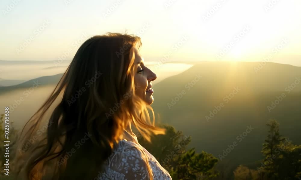 Italian Woman Standing on Cliff at Dawn with Misty Valley View Italian Woman Standing on Cliff at Dawn with Misty Valley View