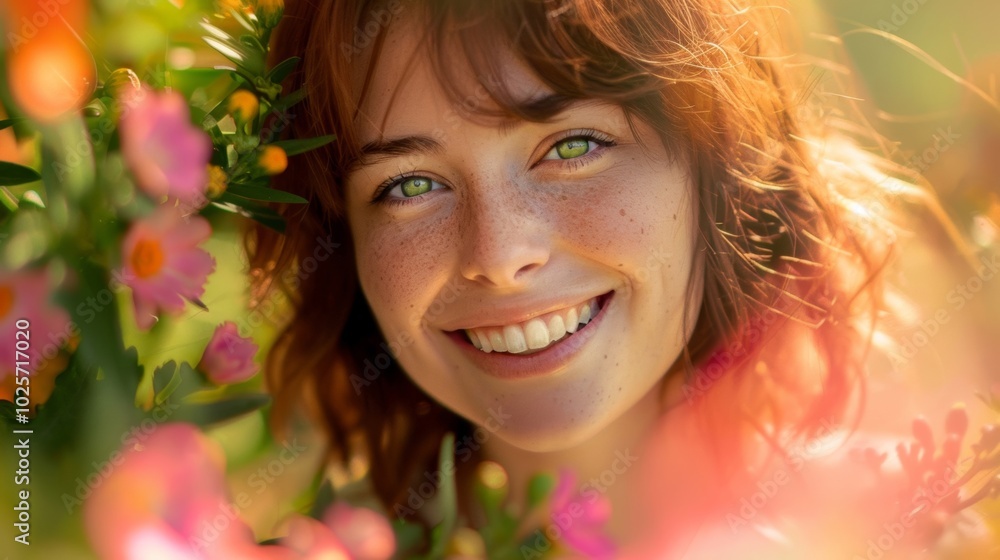 Smiling young woman in a flower field. Beautiful colors and golden sunlight create a joyful and serene atmosphere. Smiling young woman in a flower field. Beautiful colors and golden sunlight create a joyful and serene atmosphere.
