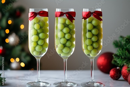 Twelve grapes in the glasses. Christmas tree background. Traditional Spanish twelve grape berries to eat for good luck at midnight. New Year's Eve photo