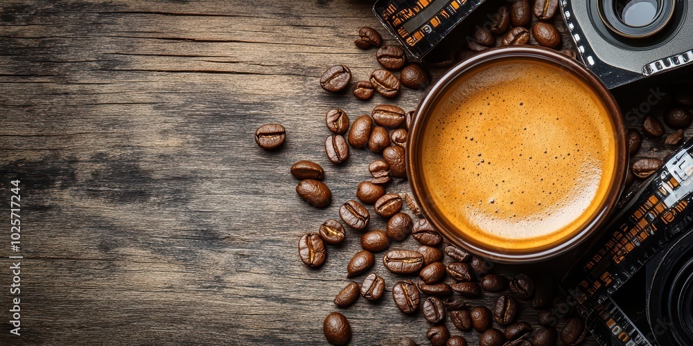 A top view of a cup of espresso surrounded by coffee beans and vintage cameras on a rustic wooden table, evoking a cozy and nostalgic atmosphere. A top view of a cup of espresso surrounded by coffee beans and vintage cameras on a rustic wooden table, evoking a cozy and nostalgic atmosphere.