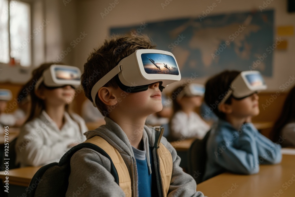 Students in a classroom wearing AR glasses that display interactive 3D lessons, with virtual models of historical events, scientific experiments, or space exploration around them Students in a classroom wearing AR glasses that display interactive 3D lessons, with virtual models of historical events, scientific experiments, or space exploration around them