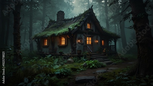 Mysterious Crooked Cottage in Dark Forest with Misty Atmosphere and Magical Glow photo