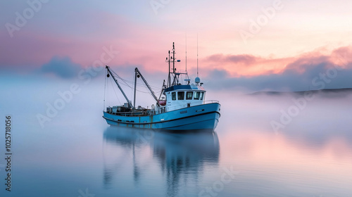 A fishing trawler moves through calm waters surrounded by light fog against the backdrop of a soft pink and blue sunset. The water reflects the vessel, creating a mirror-like illusion