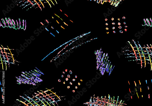 Seamless pattern of colorful naive playful shapes drawing by wax crayon pencil on black background. Chalk scribbles in pastel colors. Children brush handdrawn doodle. Chalk drawn grunge vector texture