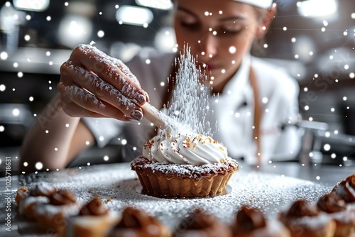 Close-up shot of a female chef carefully decorating a dessert in a professional kitchen, chef, dessert, pastry, kitchen, cooking, baking, female, food styling, culinary arts, preparation.