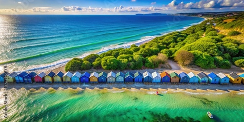 Behold a breathtaking aerial view featuring cheerful blue beach huts by the ocean, creating a vibrant coastal paradise that's perfect for sun-soaked escapes and joyful moments.