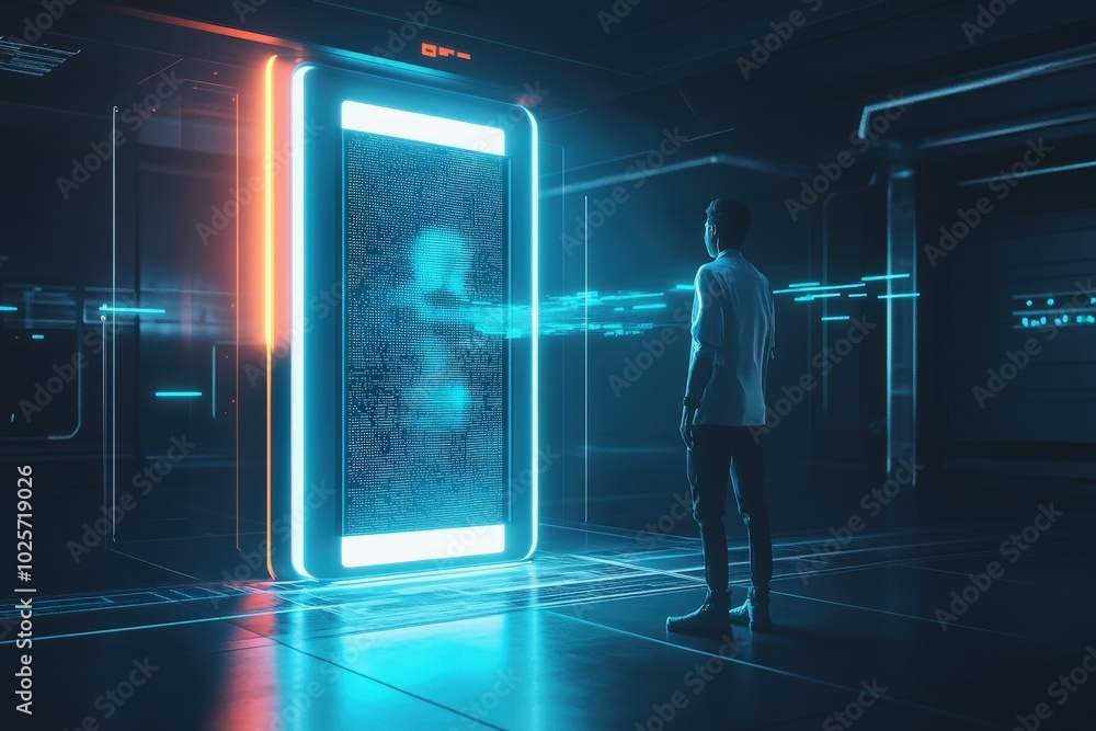 A futuristic gatekeeper standing at a glowing biometric scanner, allowing access to a high-tech facility by reading a person’s holographic DNA A futuristic gatekeeper standing at a glowing biometric scanner, allowing access to a high-tech facility by reading a person’s holographic DNA