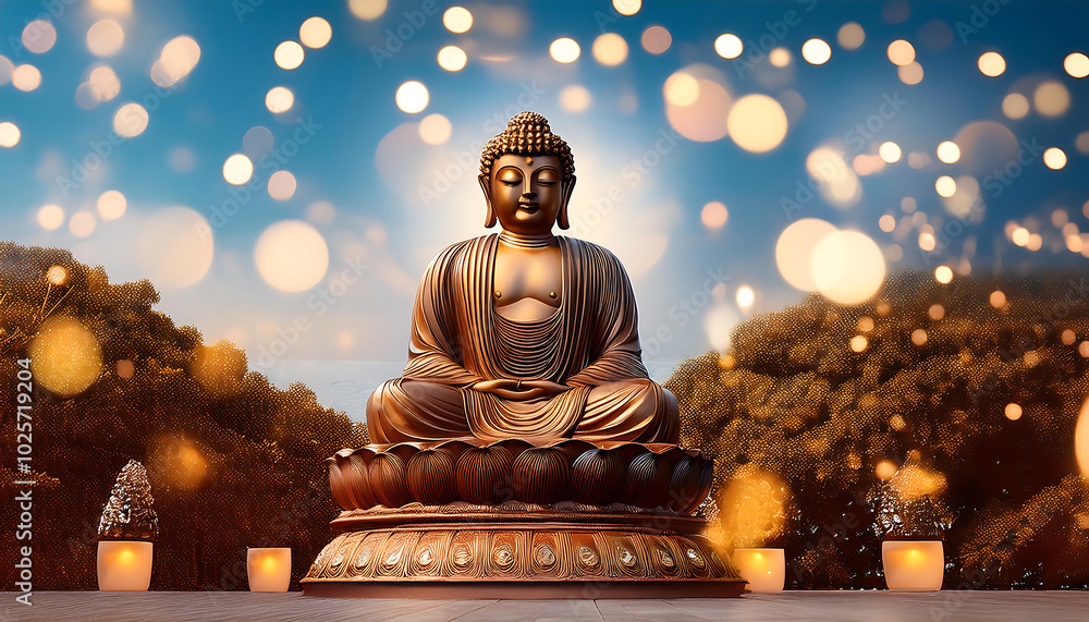Serene statue of Buddha surrounded by soft bokeh lights, symbolizing tranquility and mindfulness in a peaceful setting. Serene statue of Buddha surrounded by soft bokeh lights, symbolizing tranquility and mindfulness in a peaceful setting.