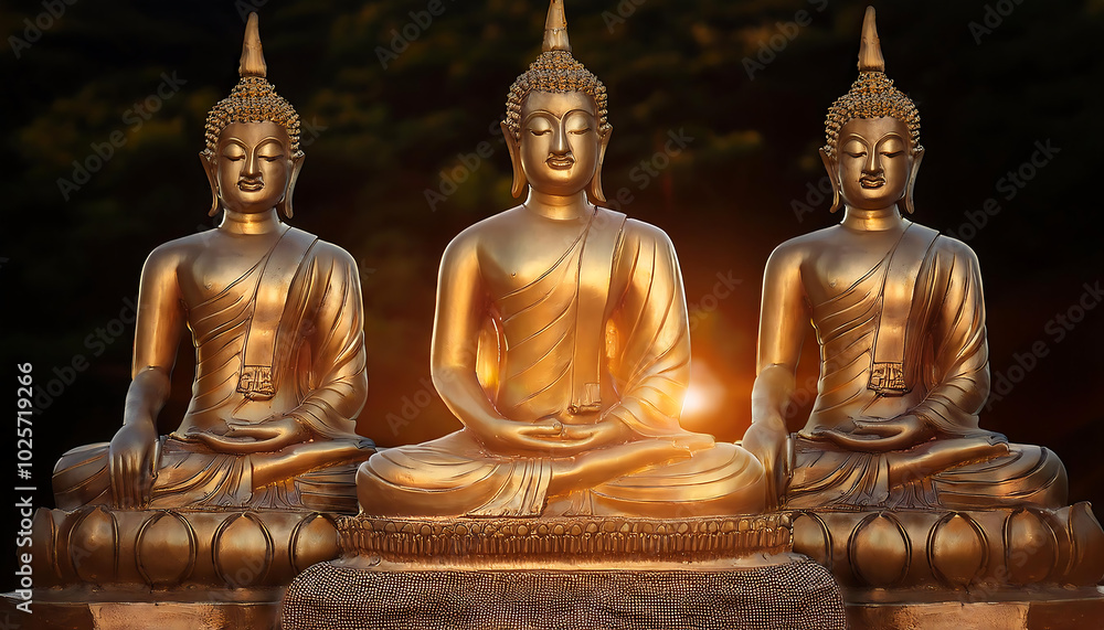 Three golden Buddha statues radiate tranquility and peace, beautifully illuminated by soft sunlight. Three golden Buddha statues radiate tranquility and peace, beautifully illuminated by soft sunlight.