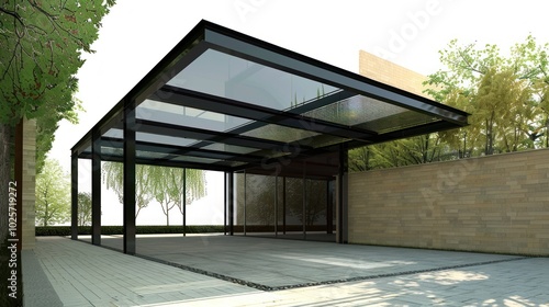 Modern Glass and Steel Covered Patio with Stone Walls and Paved Floor