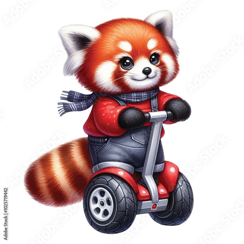 Red panda standing on a Segway clipart watercolor
