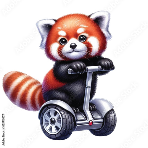 Red panda standing on a Segway clipart watercolor
