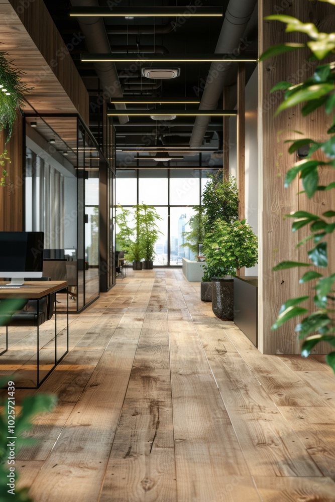 A modern office hallway with large windows and wooden floors. AI. A modern office hallway with large windows and wooden floors. AI.