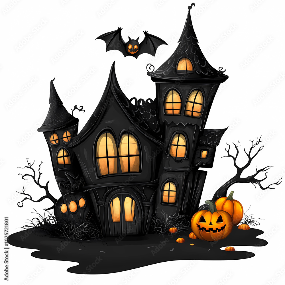 Charming Halloween Art: Cute Bat, Haunted House & Pumpkins – Merch and More, generated ai Charming Halloween Art: Cute Bat, Haunted House & Pumpkins – Merch and More, generated ai