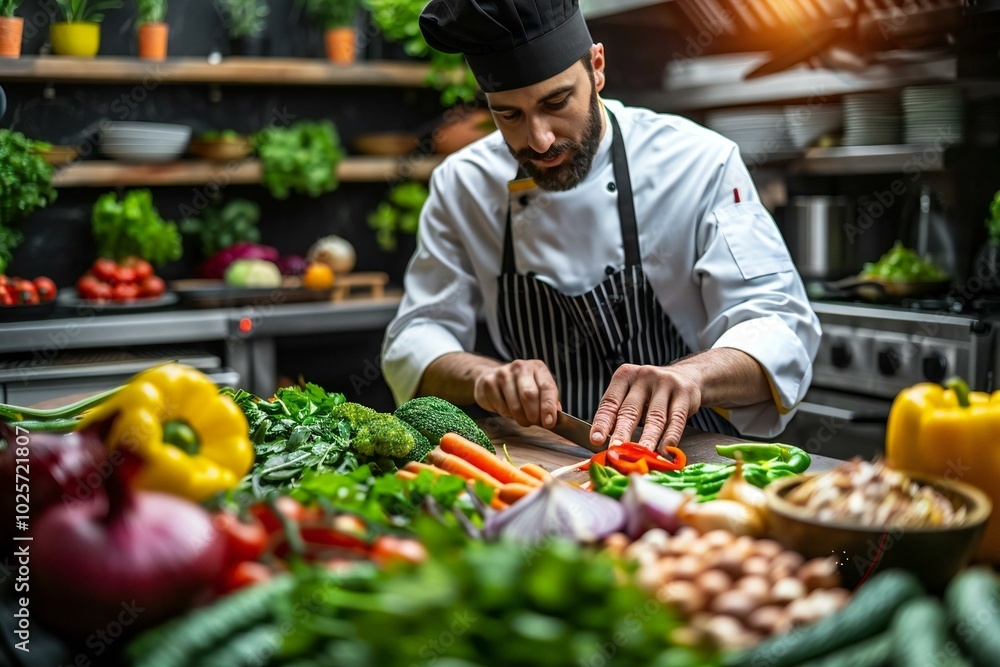 Close-up of chef slicing fresh vegetables in a busy restaurant kitchen, chef, cooking, food, professional, busy, kitchen, slicing, vegetables, preparation, culinary, culinary arts