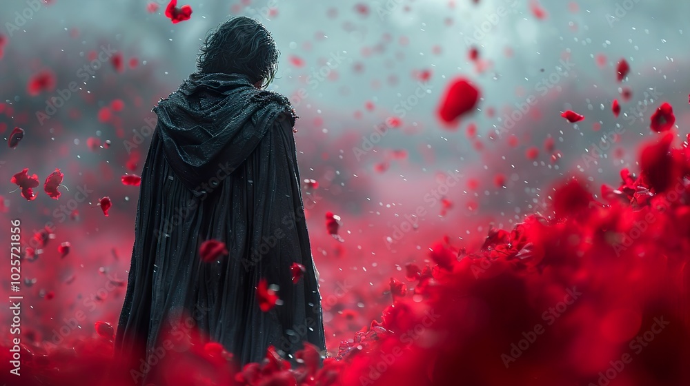 Lonely Figure in a Field of Falling Red Petals Lonely Figure in a Field of Falling Red Petals